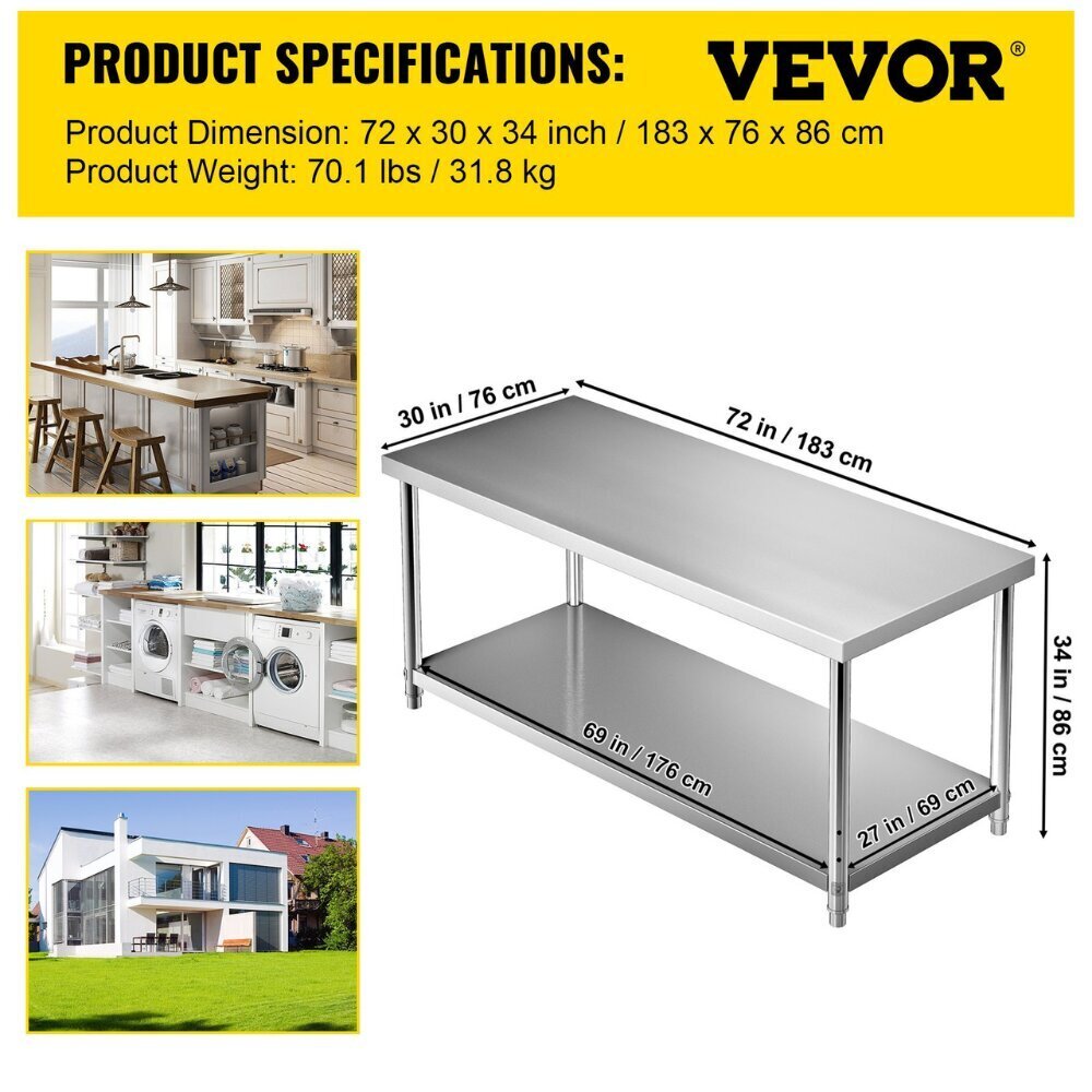 Virtuves darba galds Vevor, 183x76x86 cm, sudraba krāsā cena un informācija | Virtuves galdi, ēdamgaldi | 220.lv