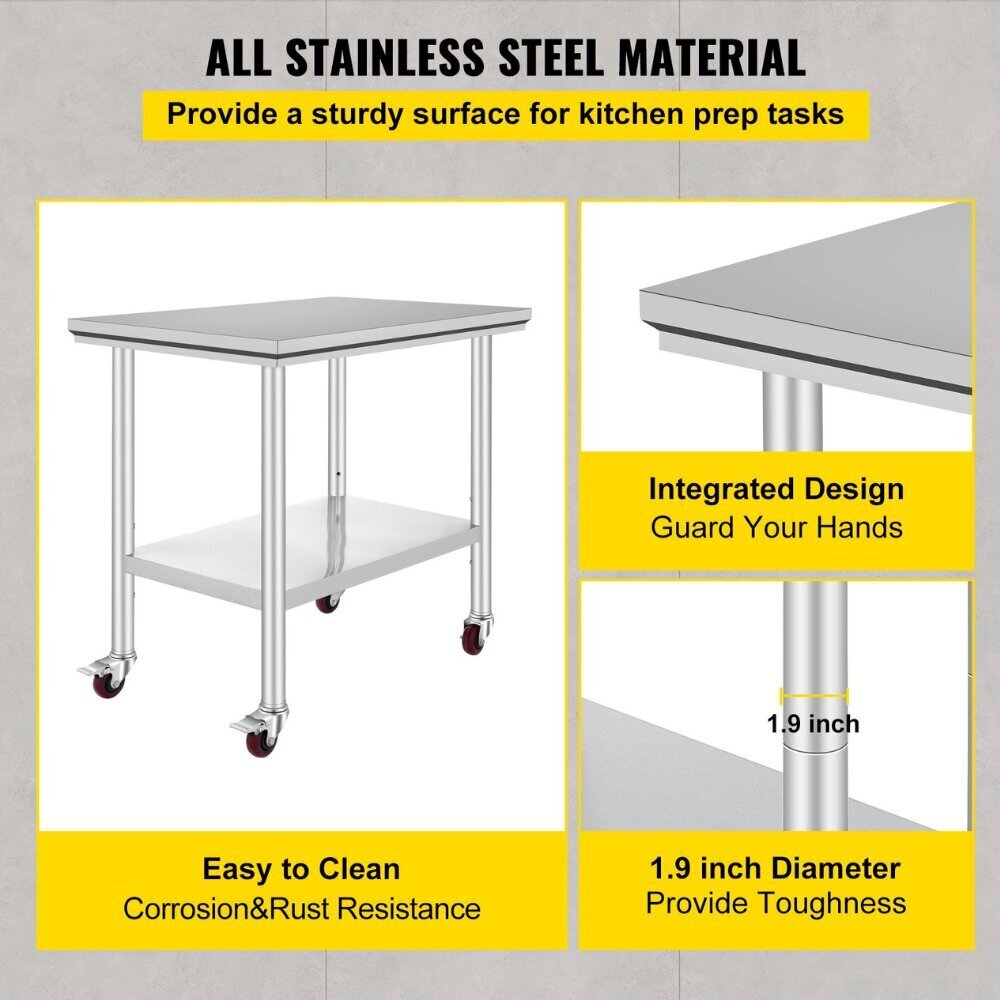 Virtuves darba galds uz riteņiem Vevor, 91x60x82 cm, sudraba cena un informācija | Virtuves galdi, ēdamgaldi | 220.lv