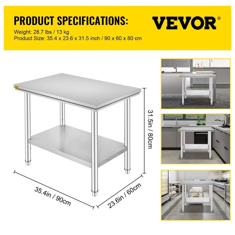 Virtuves darba galds Vevor, 80x60x90 cm, sudraba krāsā cena un informācija | Virtuves galdi, ēdamgaldi | 220.lv