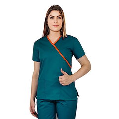 Medicīniskā blūze ar biksēm, tumši zilā krāsā ar apdari oranžā krāsā cena un informācija | Medicīnas apģērbs | 220.lv