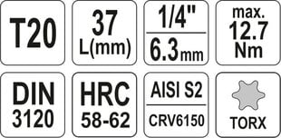 Torx 1/4 T20 x 37 мм 1 шт. цена и информация | Механические инструменты | 220.lv