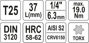 Galva, torx T25, 1/4&quot;х37 mm cena un informācija | Rokas instrumenti | 220.lv
