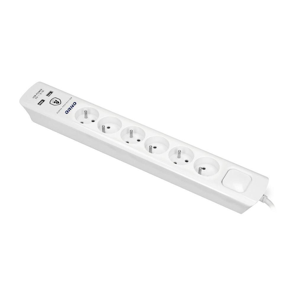 Strāvas sloksne ar pārsprieguma aizsardzību, 6 ligzdas, 2 USB lādētāji, kabelis 3x1mm², 3m garš (OR-AE-13163/3M) цена и информация | Pagarinātāji | 220.lv