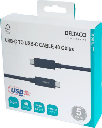 Deltaco USB4 gen3/USB-C - USB-C/5A EPR, 0.8 m cena un informācija | Kabeļi un vadi | 220.lv