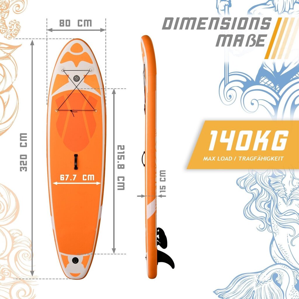 Piepūšams SUP dēļa komplekts + pumpis,soma,airis, Poseidon, 320x80x15cm, oranžs цена и информация | Peldēšanas dēļi un nūjas | 220.lv