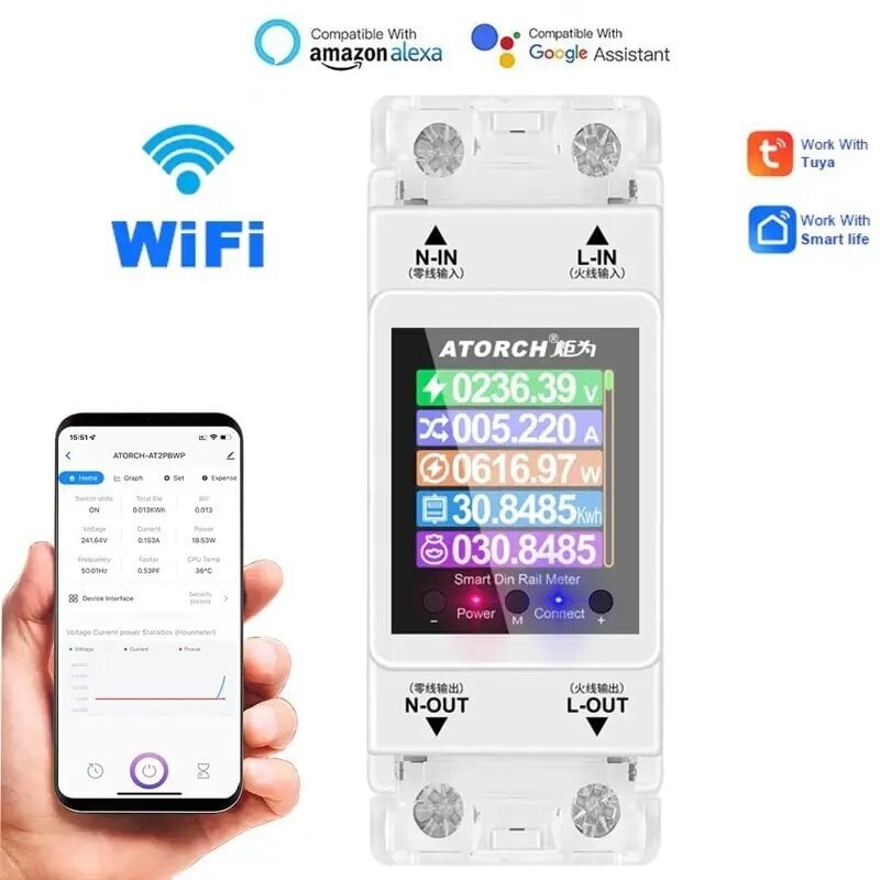 Viedais elektrības skaitītājs ar wifi, ekrānu un 4 veidu aizsardzību uz DIN sliedes cena un informācija | Elektrības slēdži, rozetes | 220.lv