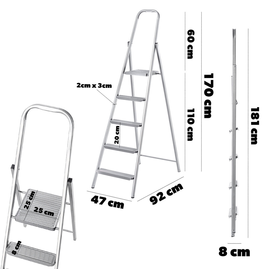 Tērauda kāpnes, 5 pakāpieni, universālas, vienpusējas, salokāmas, lietošanai mājās cena un informācija | Saliekamās kāpnes, celtniecības sastatnes | 220.lv