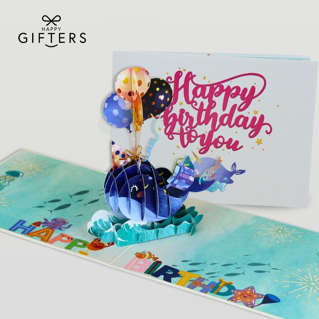 HAPPY GIFTERS "Vaļu" 3D dzimšanas dienas apsveikuma kartiņa, roku darbs, 15x20cm cena un informācija | Aploksnes | 220.lv