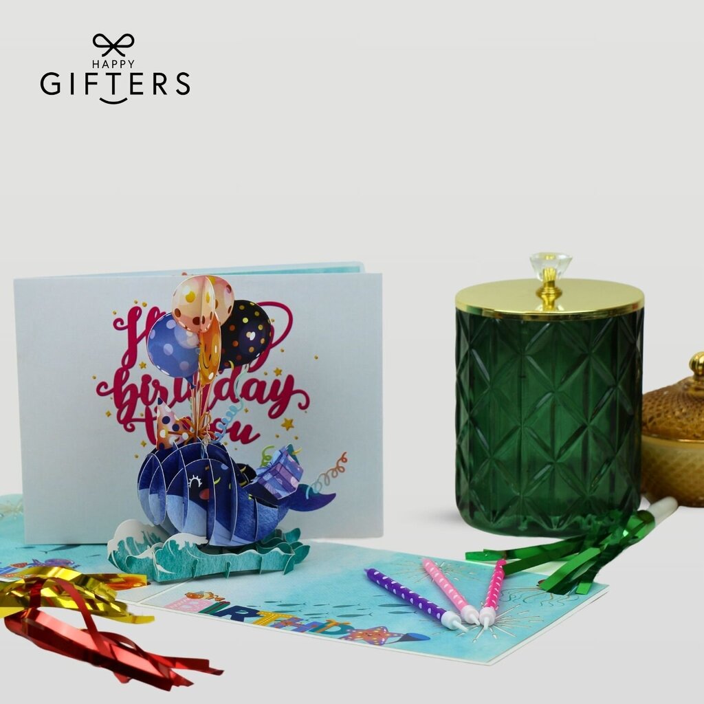 HAPPY GIFTERS "Vaļu" 3D dzimšanas dienas apsveikuma kartiņa, roku darbs, 15x20cm cena un informācija | Aploksnes | 220.lv