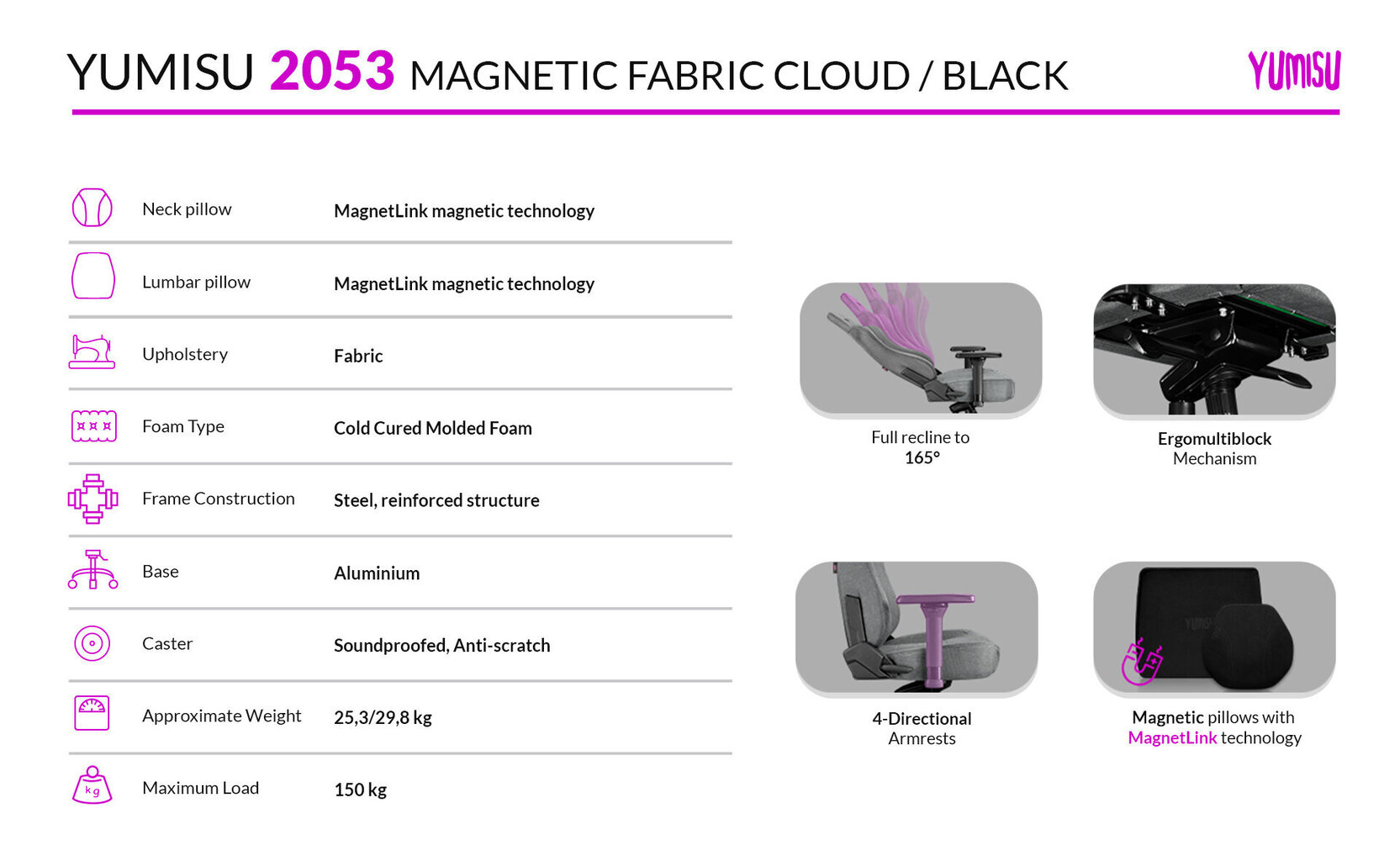 Datora krēsls Yumisu 2053 Magnetic Cloud Black spēlētājiem, auduma polsterējums, gaiši pelēks-melns цена и информация | Biroja krēsli | 220.lv