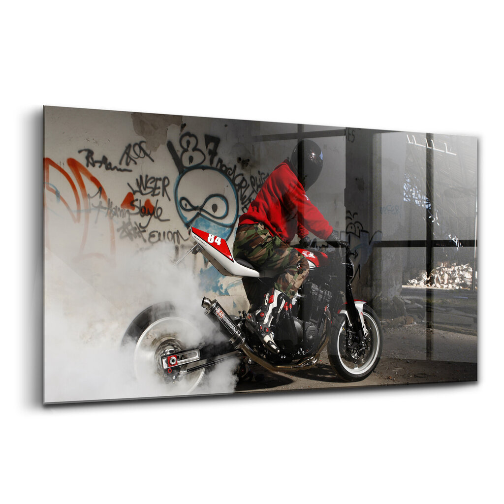 Rūdīta stikla attēls Vīrietis uz motocikla un grafiti, 100x50 cm cena un informācija | Gleznas | 220.lv