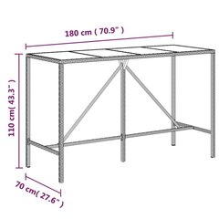 vidaXL bāra galds, stikla virsma, melns, 180x70x110 cm, PE rotangpalma cena un informācija | Dārza galdi | 220.lv