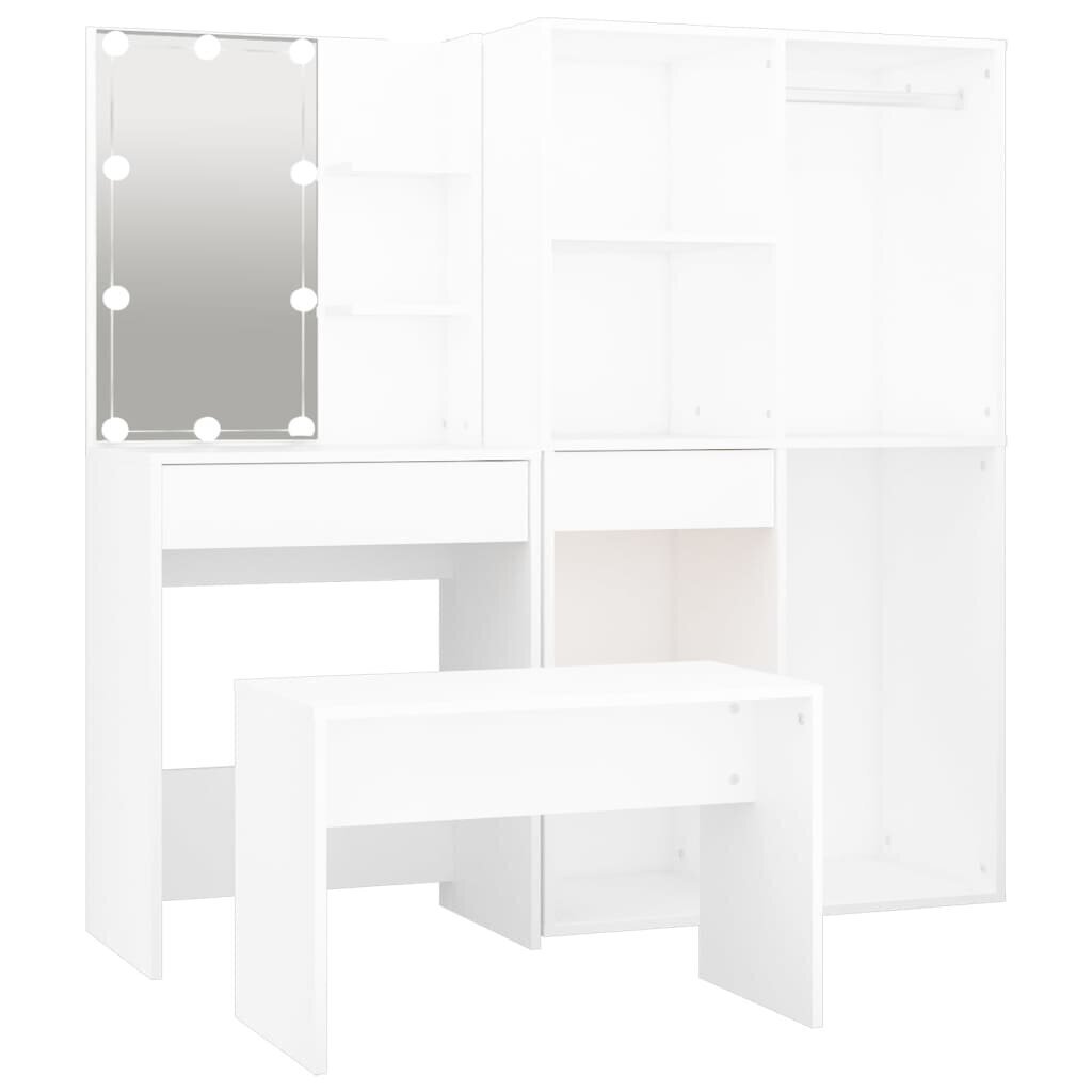 Tualetes galdiņa komplekts ar LED, balts, apstrādāta koksne cena un informācija | Kosmētikas galdiņi | 220.lv