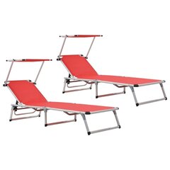 312459 vidaXL Folding Sun Loungers with Roof 2 pcs Aluminium&amp;Textilene Red cena un informācija | Sauļošanās krēsli | 220.lv