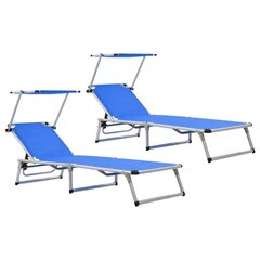 312457 vidaXL Folding Sun Loungers with Roof 2 pcs Aluminium&amp;Textilene Blue cena un informācija | Sauļošanās krēsli | 220.lv