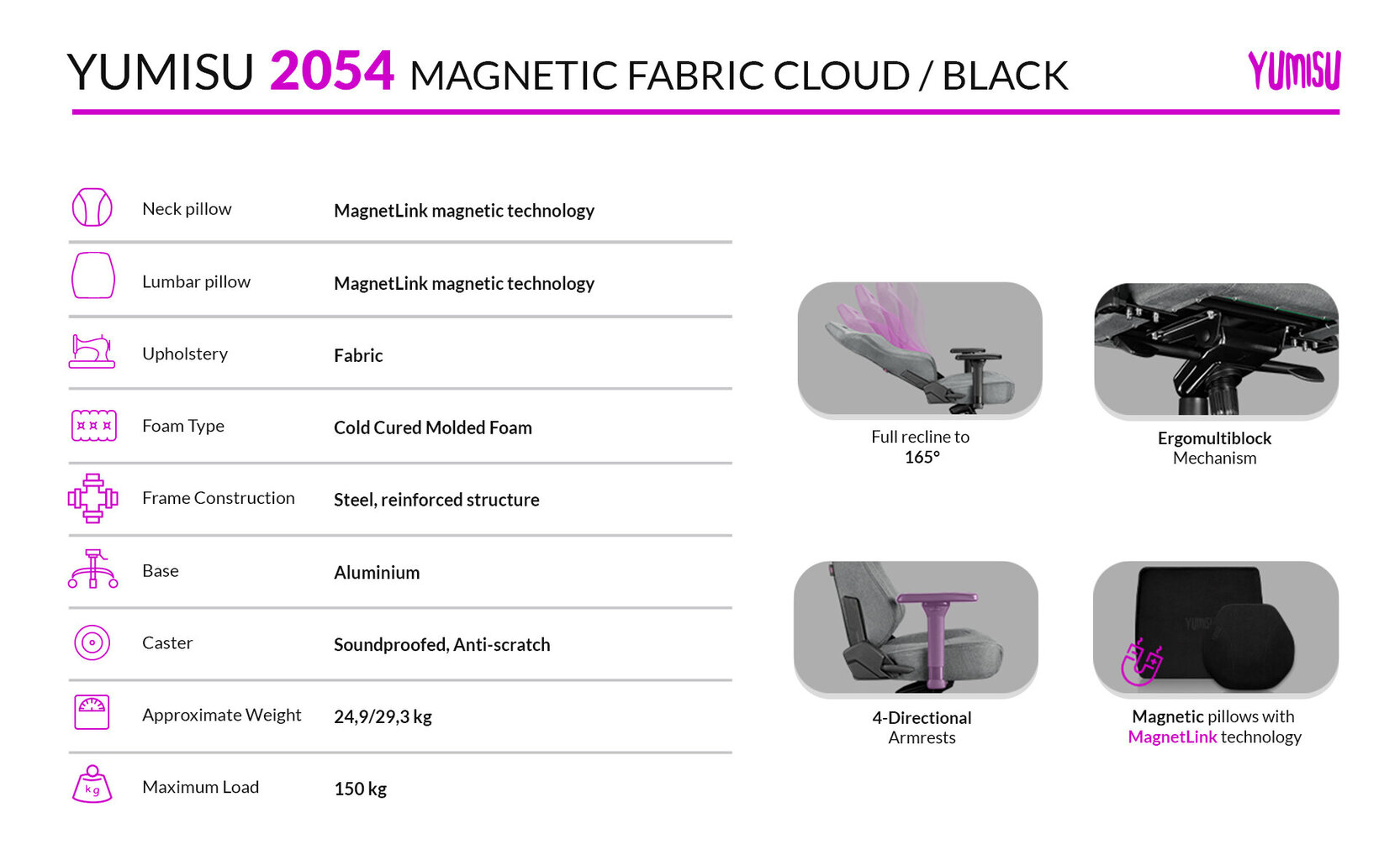 Datora krēsls Yumisu 2054 Magnetic Cloud Black spēlētājiem, auduma polsterējums, gaiši pelēks-melns cena un informācija | Biroja krēsli | 220.lv