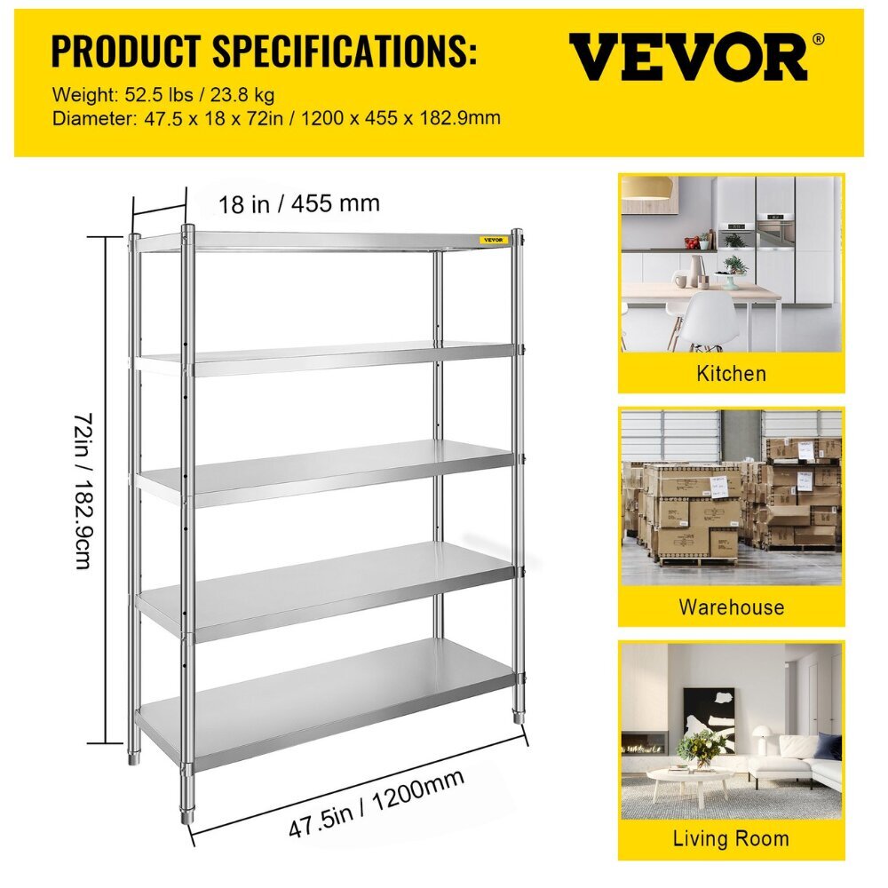 Virtuves plaukts Vevor, 45x182x120cm, sudraba krāsā cena un informācija | Virtuves furnitūra | 220.lv