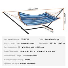 Gulēšanas šūpuļtīkls ar metāla rāmi Vevor, 376x140 cm, zils cena un informācija | Šūpuļtīkli | 220.lv