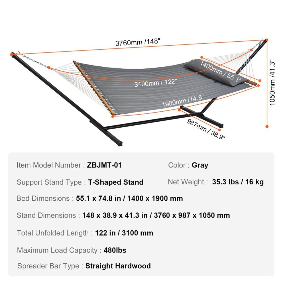 Šūpuļtīkls ar metāla rāmi Vevor, 376x140 cm, pelēks cena un informācija | Šūpuļtīkli | 220.lv