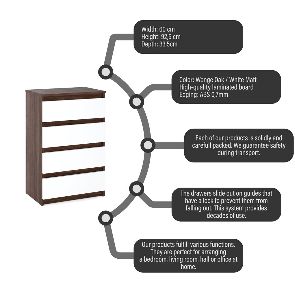 4 atvilktņu kumode Maza Wenge balta matēta cena un informācija | Kumodes | 220.lv