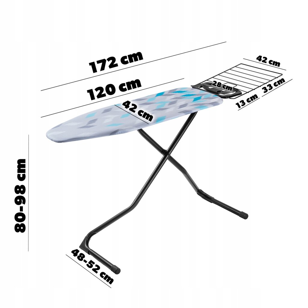 Gludināmais dēlis 120x42cm ar gludekļa turētāju, platu augšējo saliekamo plauktu cena un informācija | Veļas gludināšana | 220.lv