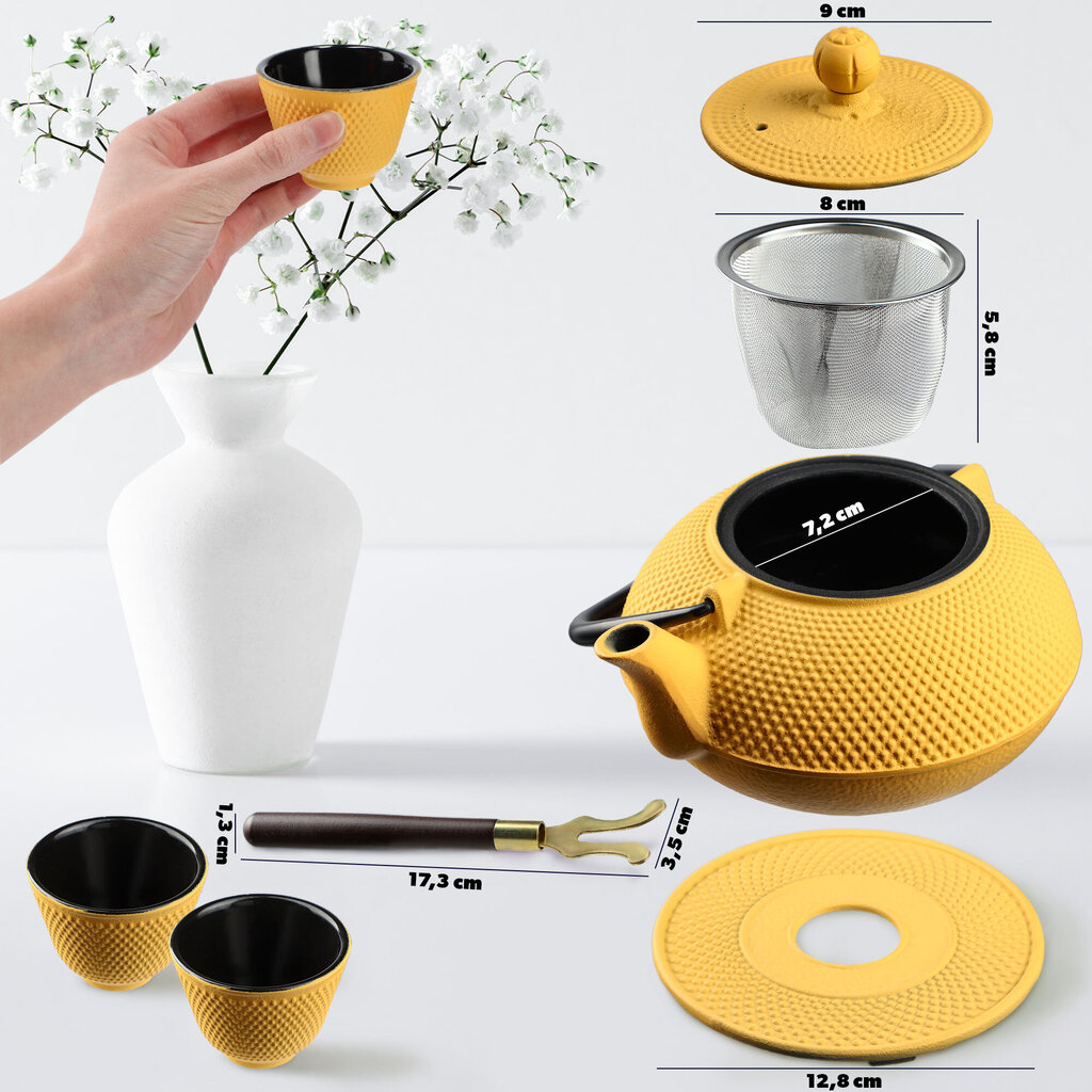 Zāļu tējas infuser čuguna tējkanna 850 ml krūze + 2 dzeltenas krūzes cena un informācija | Kafijas kannas, tējkannas | 220.lv