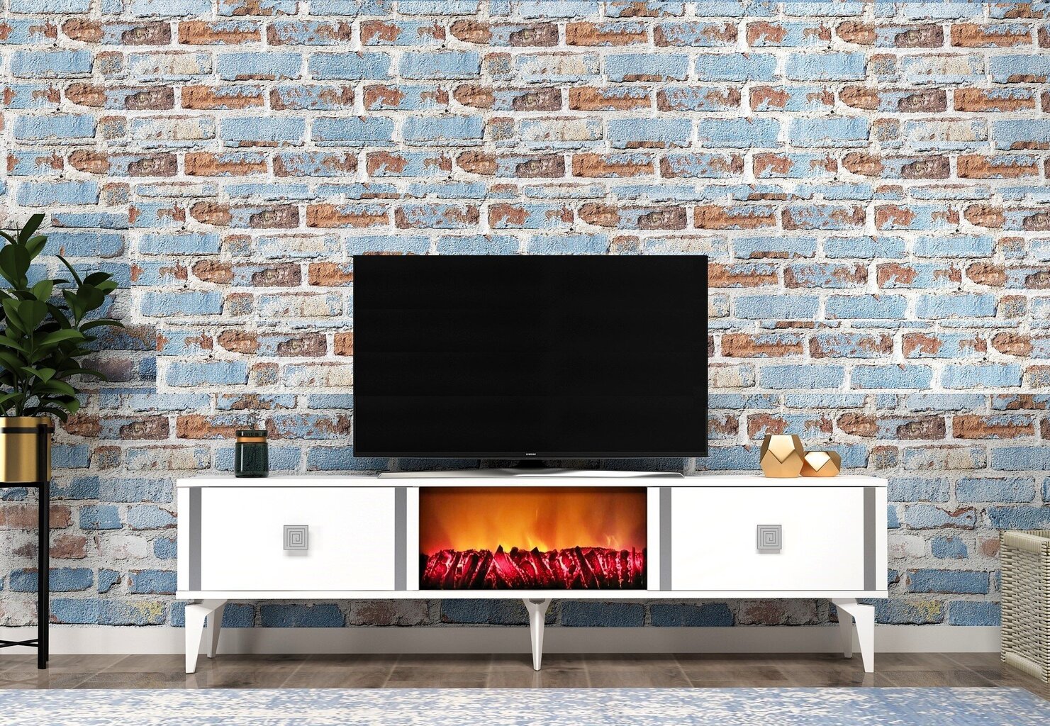 TV stalas Doruk Fireplace - White, Silver цена и информация | TV galdiņi | 220.lv