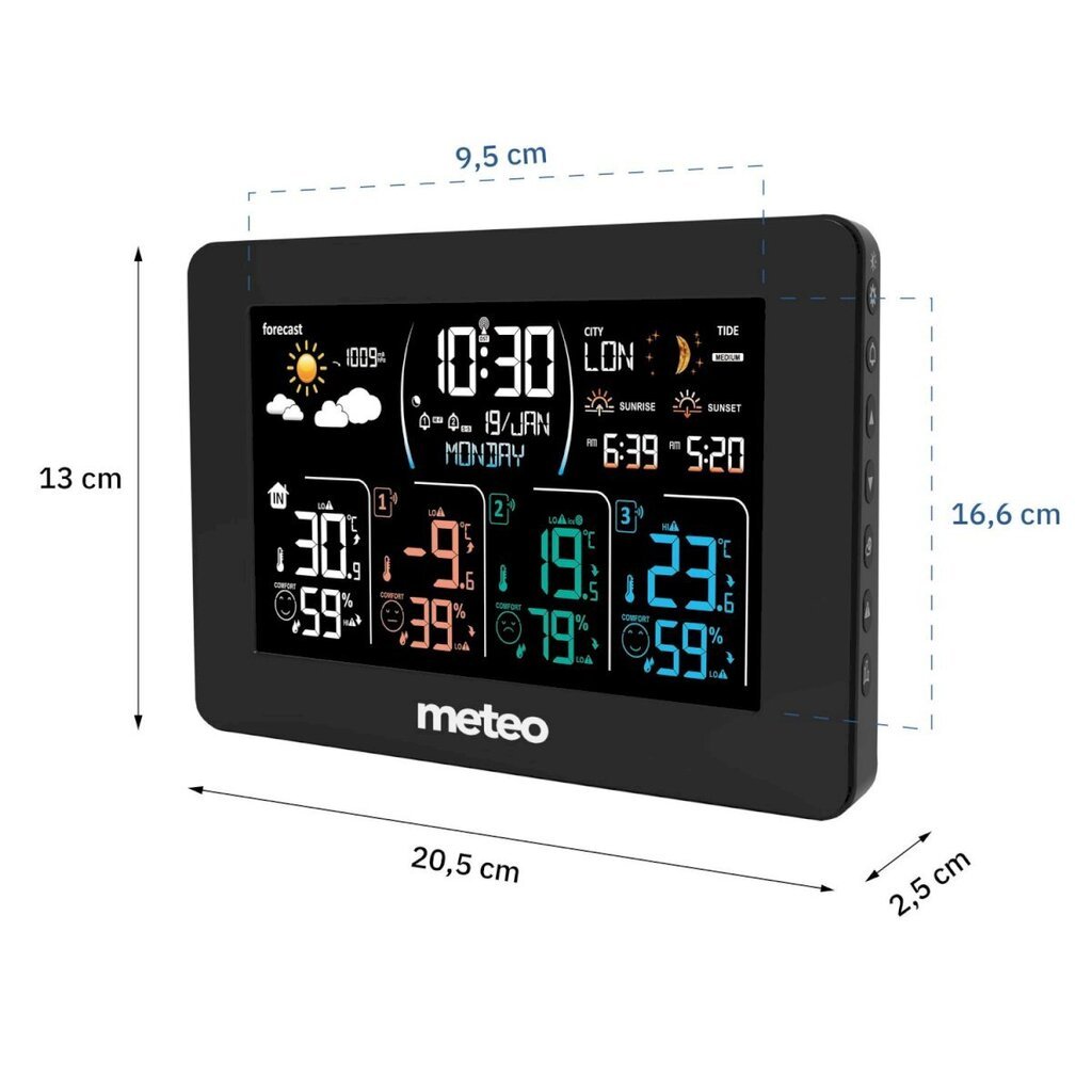 Laika stacija ar DCF un 3 sensoriem, Meteo SP1081, melna cena un informācija | Meteostacijas, āra termometri | 220.lv