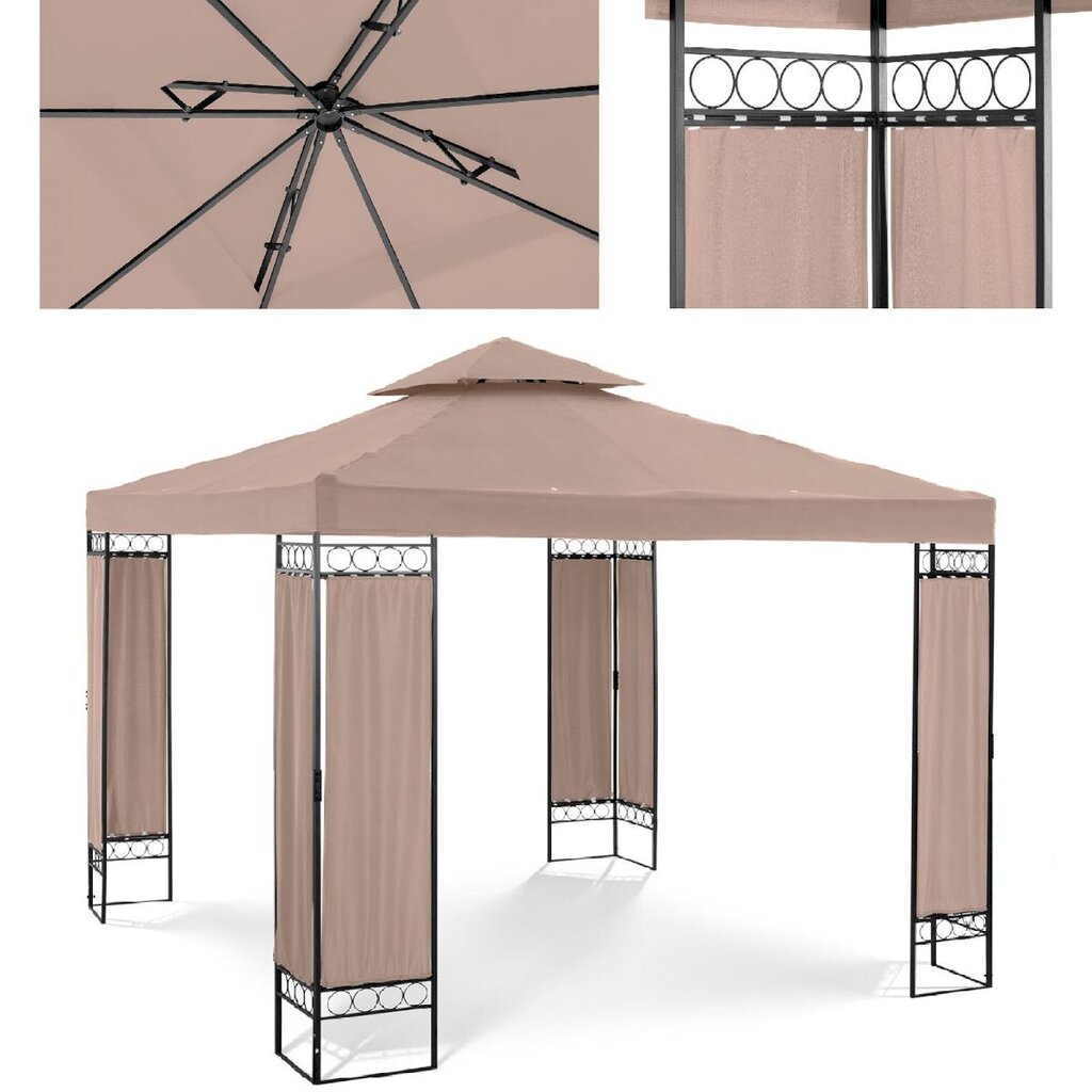 Dārza lapene ar saliekamu jumtiņu un rotājumu, Uniprodo UNI_PERGOLA_3X3TF_U1, 3 m. x 3 m. x 2,6 m., bēša krāsā cena un informācija | Dārza nojumes un lapenes | 220.lv