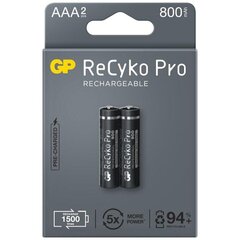 Uzlādējams akumulators GP R03 AAA 850mAh NiMH 85AAAHCB-EB2 RECYKO+ PRO, 2 gab blisterī cena un informācija | Baterijas | 220.lv