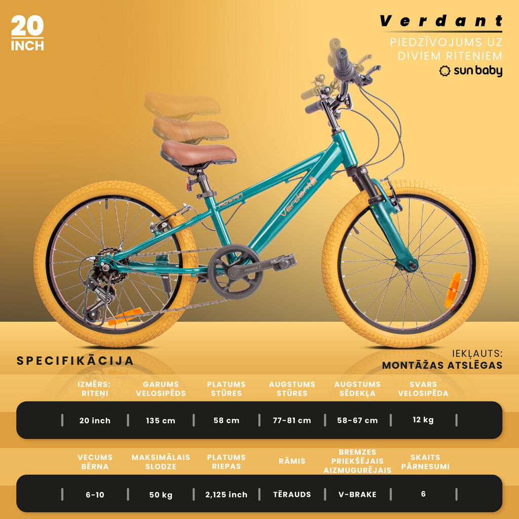 Bērnu velosipēds Sun Baby Verdant Rowan Shox 20", zaļš cena un informācija | Velosipēdi | 220.lv