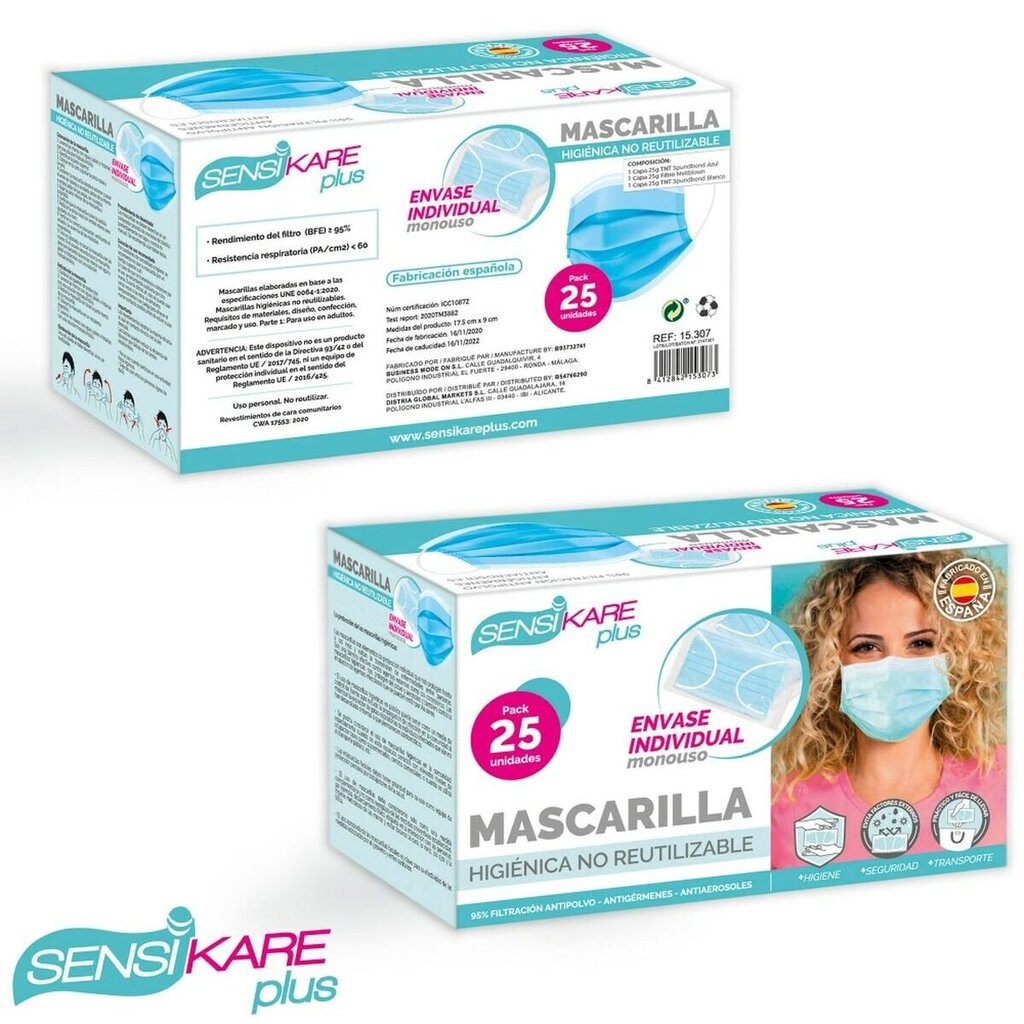 Box of hygienic masks SensiKare 25 Daudzums (12 gb.) cena un informācija | Masāžas piederumi | 220.lv