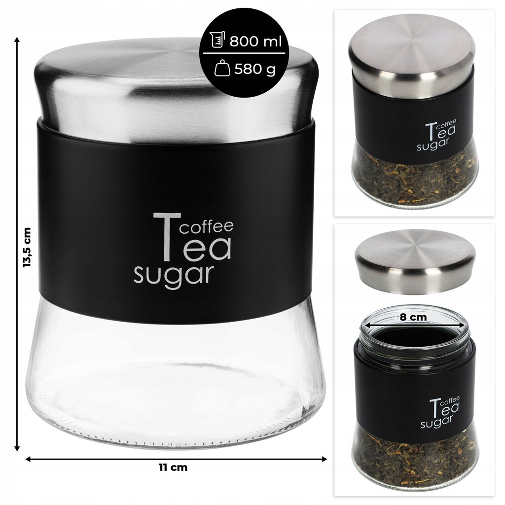 Kafijas tējas cukura stikla trauks ar vāku melns 750ml цена и информация | Trauki pārtikas uzglabāšanai | 220.lv