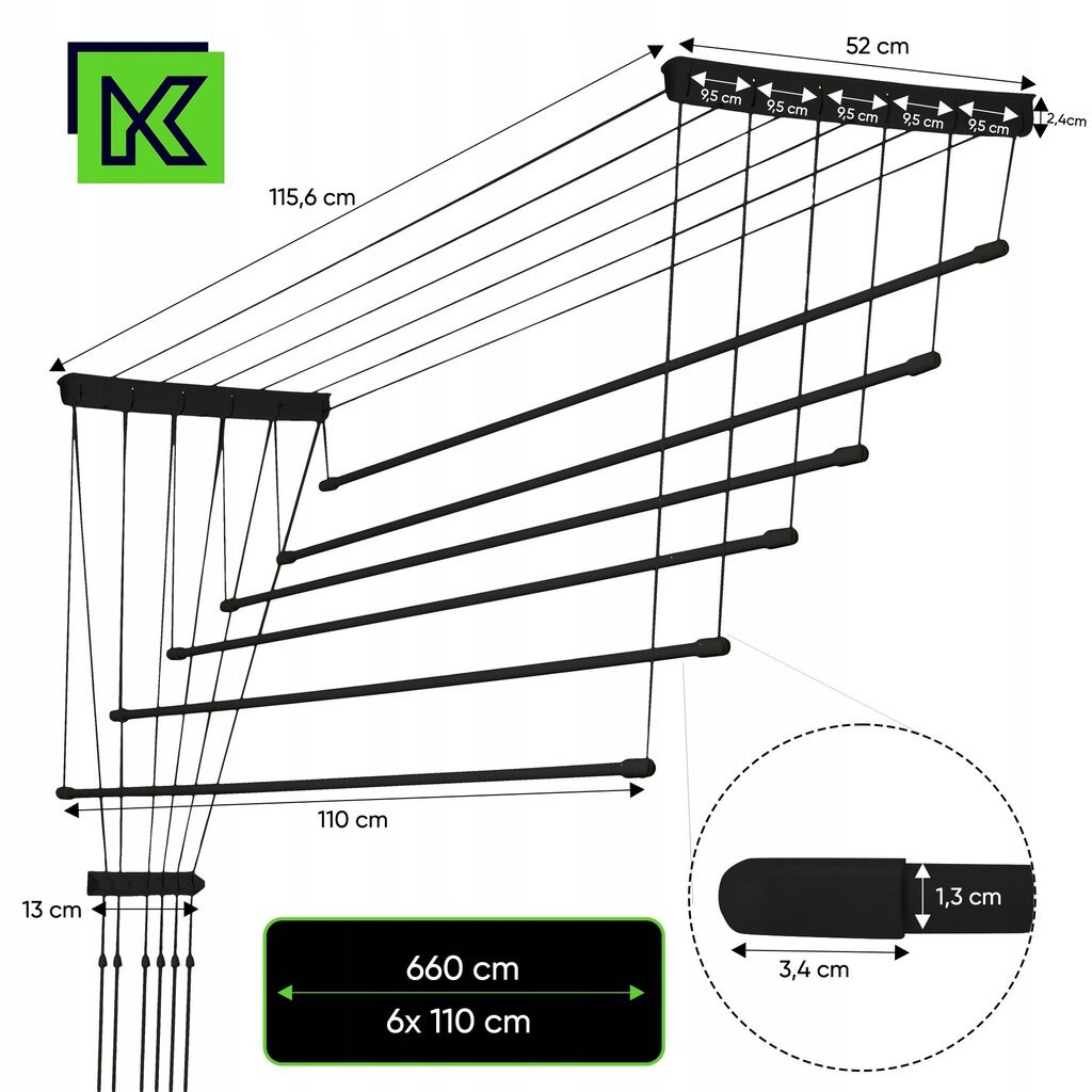 Vannas istabas griestu drēbju žāvētājs, 6 stieņi, 110 cm cena un informācija | Veļas žāvēšana | 220.lv