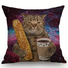 '1gab funny galaxy cat dekoratīvs spilvendrāna kaķis tur tasi melnas kafijas un bagetes dekorācijas spilvena pārvalku mājas dekors 45,72x45,72 cm' cena un informācija | Dekoratīvie spilveni un spilvendrānas | 220.lv