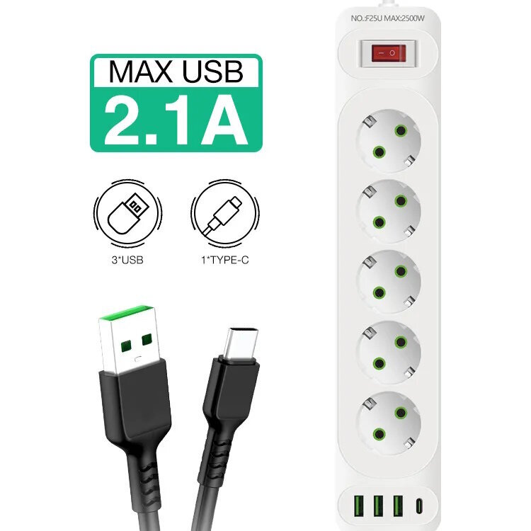 Riff F25U 5 ligzdas + 3USB + 1 USB-C / 2 m kabelis un ieslēgšanas/izslēgšanas poga, balta cena un informācija | Pagarinātāji | 220.lv