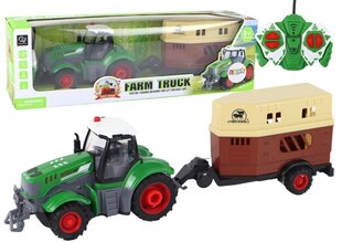 Tālvadības traktors ar piekabi Lean Toys, zaļš/pelēks, 41x11x12 cm cena un informācija | Rotaļlietas zēniem | 220.lv