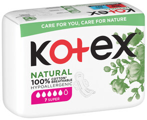 Гигиенические пакеты Kotex Natural Super, 10x7 шт. цена и информация | Тампоны, гигиенические прокладки для критических дней, ежедневные прокладки | 220.lv