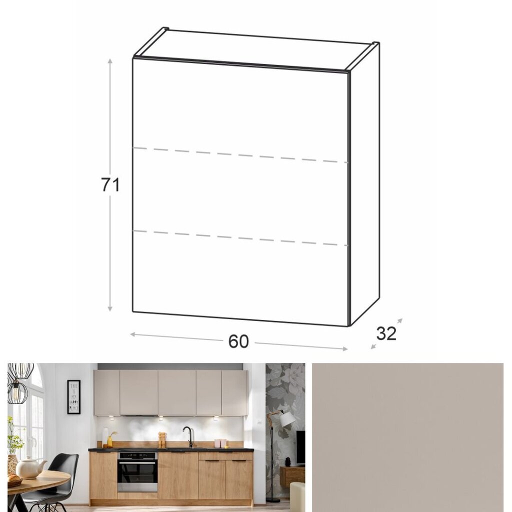 NOVO augšējais virtuves skapis 60 cm kašmira matēts цена и информация | Virtuves skapīši | 220.lv