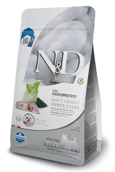 Farmina N&D DOG SPIRULINA SEA BASS FENNEL SOFT&SHINY WHITE COAT MINI mazo šķirņu suņiem ar baltu apmatojumu, 2 kg cena un informācija | Sausā barība suņiem | 220.lv