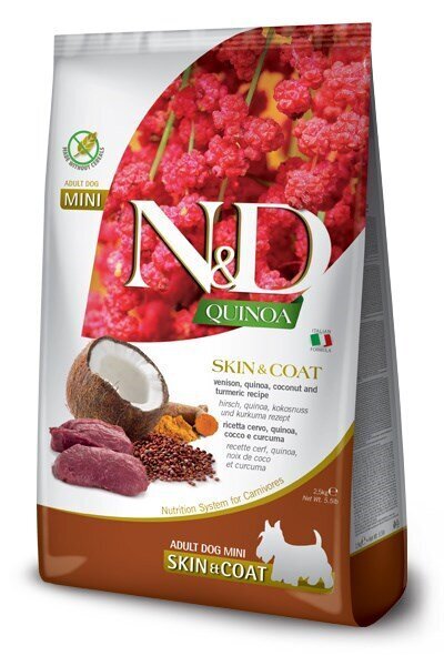 Farmina N&D Quinoa Skin & Coat Mini ar brieža gaļu un kokosriekstu, 800 g cena un informācija | Sausā barība suņiem | 220.lv