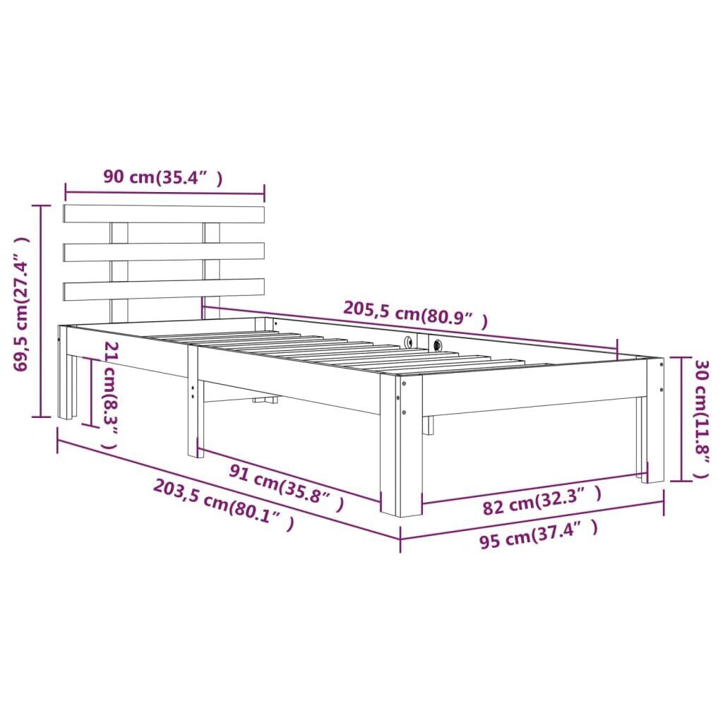 Gultas rāmis, melns, 90x200cm, masīvkoks cena un informācija | Gultas | 220.lv