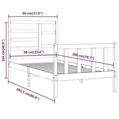 Gultas rāmis, pelēks, 90x200cm, priedes masīvkoks cena un informācija | Gultas | 220.lv