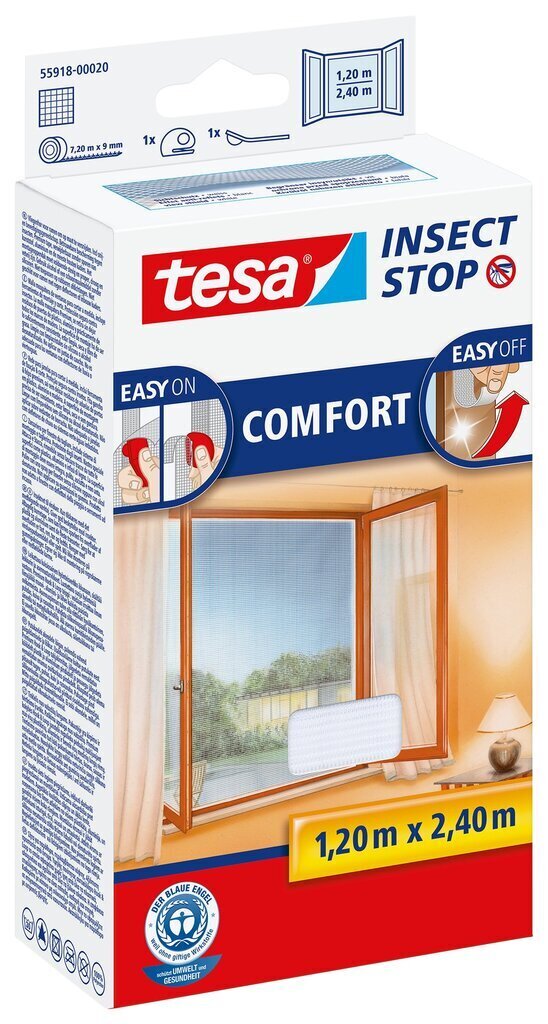 Aizsargājošs tīkls logiem pret kukaiņiem TESA COMFORT, balts 1,2 m x 2,4 m цена и информация | Moskītu tīkli | 220.lv