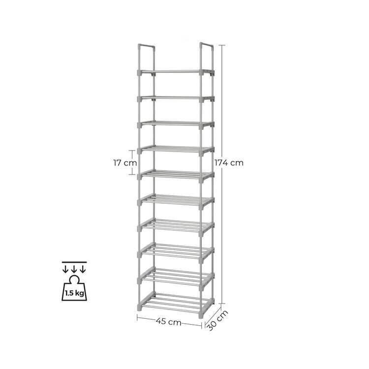 Liels 10 pakāpju apavu plaukts SONGMICS pelēks цена и информация | Apavu skapji, apavu plaukti, priekšnama soliņi | 220.lv