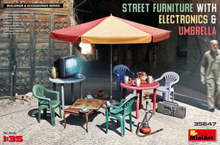 Līmējošais modelis MiniArt 35647 Street Furniture With Electronics &amp; Umbrella 1/35 цена и информация | Склеиваемые модели | 220.lv