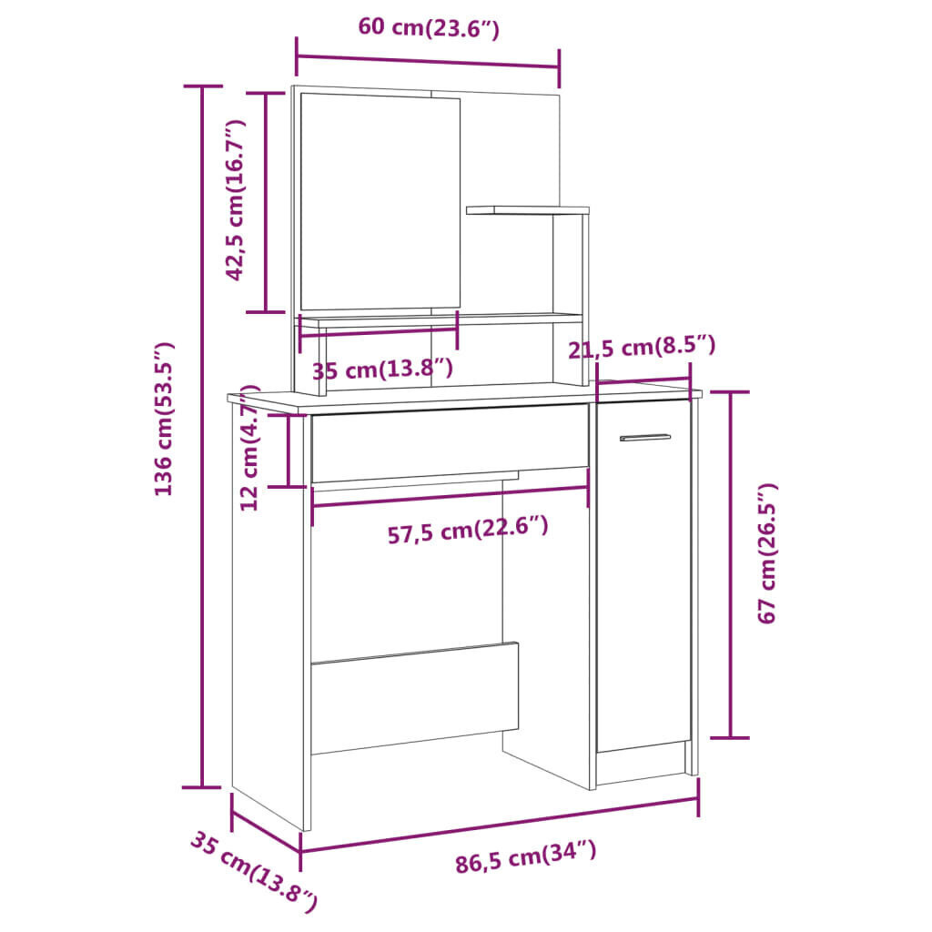 spoguļgaldiņa komplekts, ozolkoka krāsa, 86,5x35x136 cm cena un informācija | Kosmētikas galdiņi | 220.lv