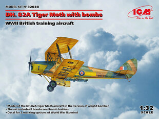 Līmējošais modelis ICM 32038 WWII British training aircraft DH. 82A Tiger Moth with bombs 1/32 cena un informācija | Līmējamie modeļi | 220.lv