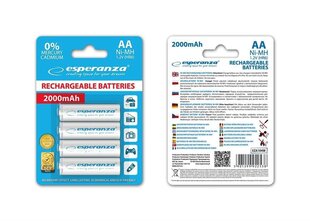 Esperanza EZA104W Перезаряжаемая батарея Ni-MH AA 2000MAH x4 цена и информация | Батарейки | 220.lv