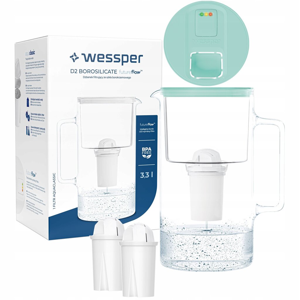 Wessper FutureFlow Aquaclassic stikla filtra krūze + 3x filtru kārtridžs cena un informācija | Ūdens filtri | 220.lv